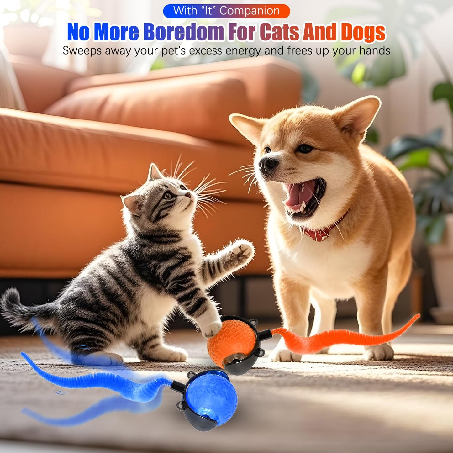 Interactive Cat Ball Toy, Automatic Interactive Cat Toys for Indoor Cats, Smart Self Rolling Ball for Bored Indoor Adult Cats, Obstacle Avoidance Speedy for Enrichment(Blue+Orange)